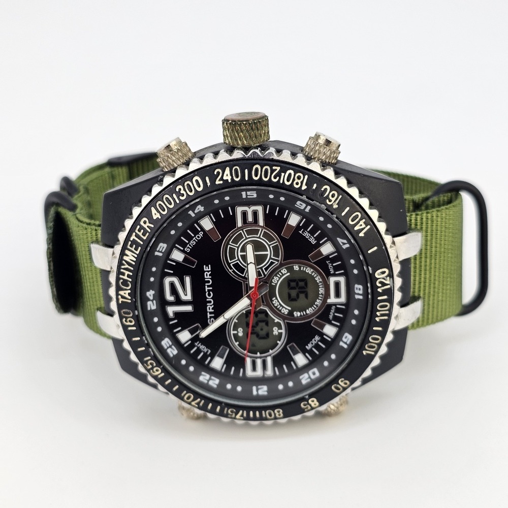 Structure Men's Watch 51MM Analog Digital‎ Dial New Green Nylon Band New Battery